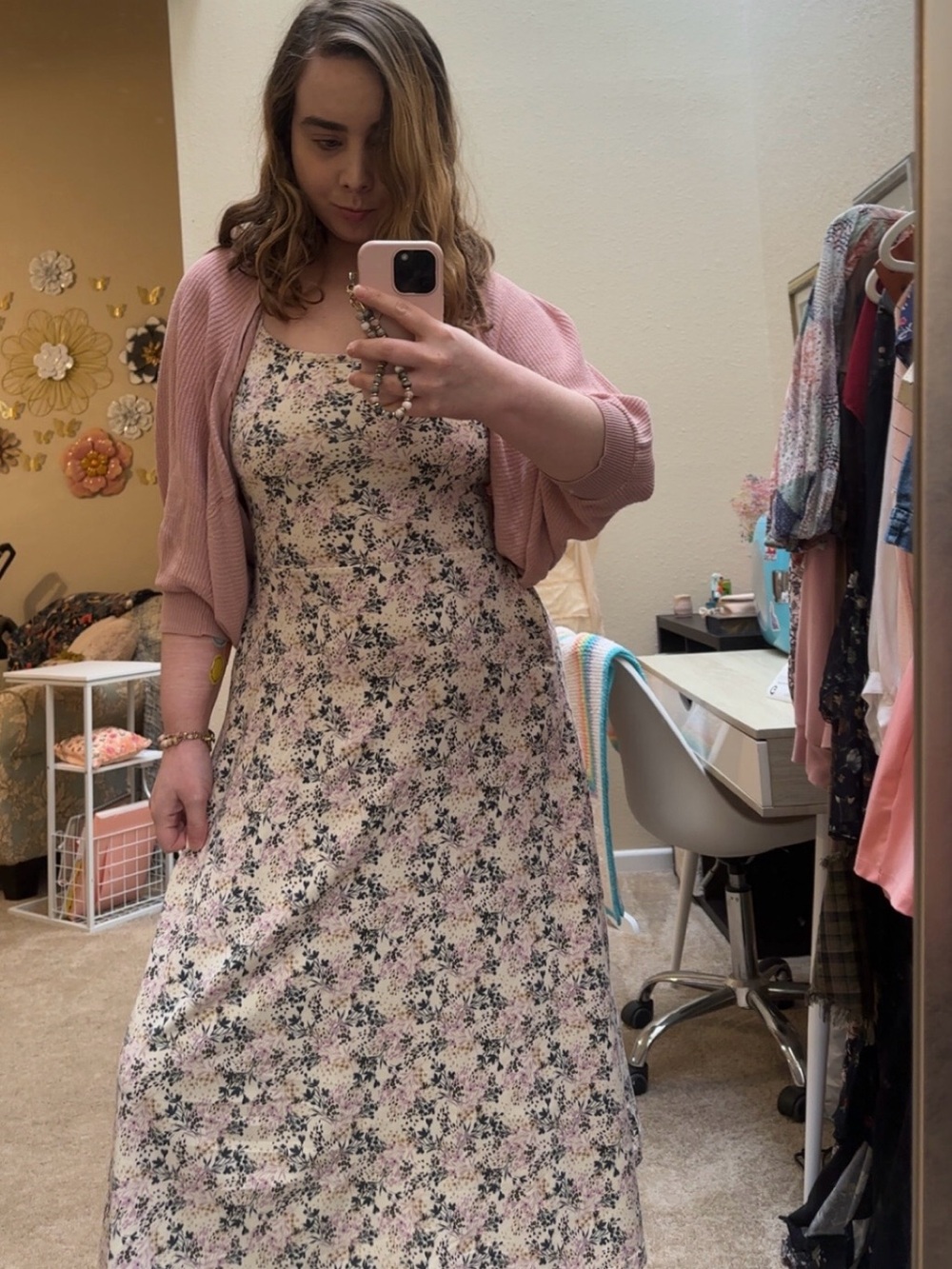 Pact 100% Organic Cotton Cream Floral Fit and Flare Midi Dress Sz M Cottagecore